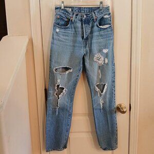 Big E Levi's 501 thrashed distressed straight leg denim jeans button fly 28x30